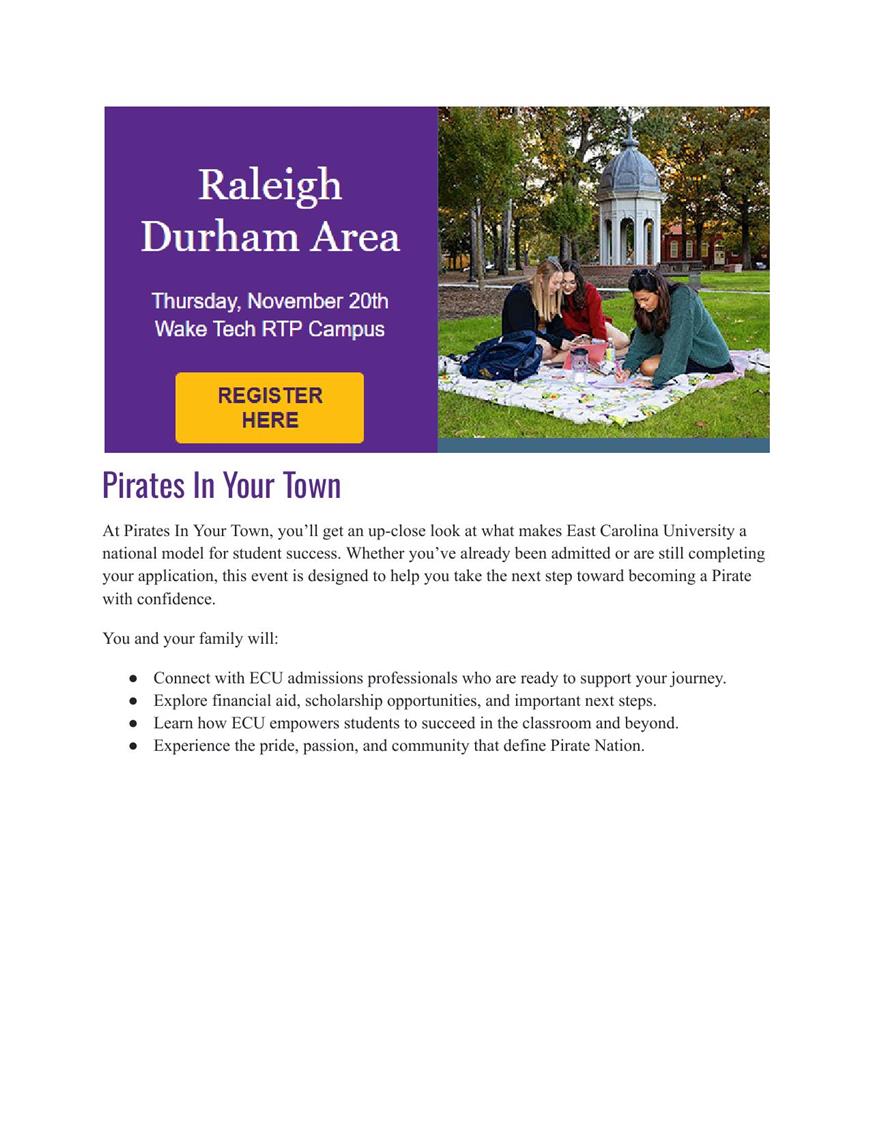 ECU Pirates In Your Town. Click here for more information. 